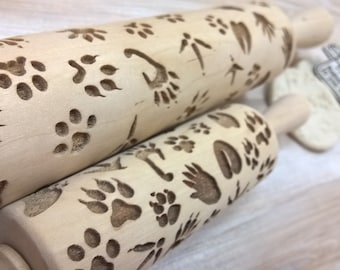 Animals and Birds Foot Print Wooden Rolling Pin Laser Engraved Pattern Embossing