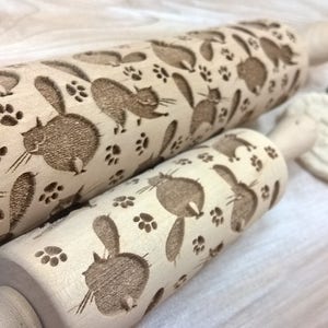 Wooden Rolling Pin Fat cats Pattern Embossing Laser Cut