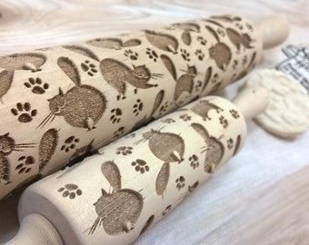 Wooden Rolling Pin Fat cats Pattern Embossing Laser Cut