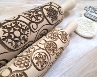 Wooden Rolling Pin "Winter blizzard" Laser Cut Snowflakes Tracery Netting Pattern Winter Style