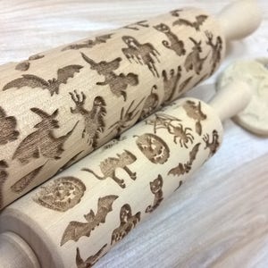 Wooden Rolling Pin HALLOWEEN MIX Laser Cut Netting Pattern Halloween Party, Amazing Pumpkin, Ghost, Spider, Web, Cat and other