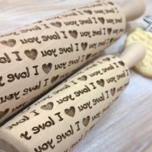 Wooden Rolling Pin Laser Engraved I Love You Print Pattern Embossing