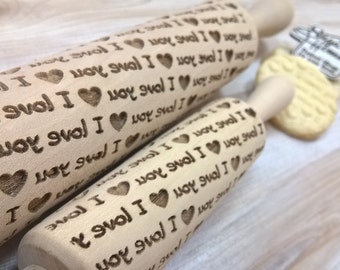 Wooden Rolling Pin Laser Engraved I Love You Print Pattern Embossing