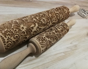 Rolling Pin  "Scarlet flower" floral ornament, flowers patterns Laser Cut