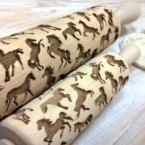 Rolling Pin Wooden Laser Cut Stylish Horses, Racehorses Pattern Embossing