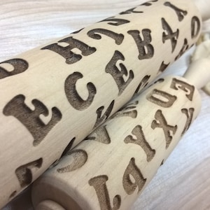 Wooden Rolling Pin Laser Engraved Alphabet Kids Pattern Embossing