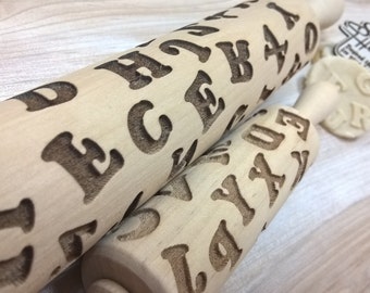 Wooden Rolling Pin Laser Engraved Alphabet Kids Pattern Embossing