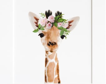Giraffe with pink flower crown, INSTANT DOWNLOAD, Giraffe art print, Crown Prints, Zoo animal nursery, Safari animals, Girls room wall TCP5_