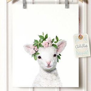 Lamb nursery decor, Animals with flower crown, Baby girl gift, Nursery decor, Girls wall art, Baby animal prints, Animals with headbands