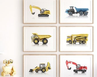 Construction vehicle wall decor, Set of 6, PRINTABLE nursery art for boys and girls, Car prints, Backhoe print, Excavator picture, Boys room