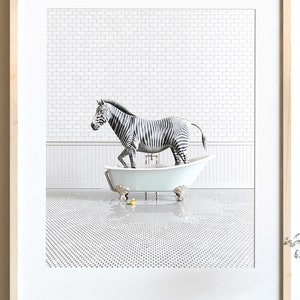 Zebra Print, Animals in Bathtubs, Bathroom Wall Art by The Crown Prints, Animals in Bathroom Prints, Kids bathroom decor, Animal Art