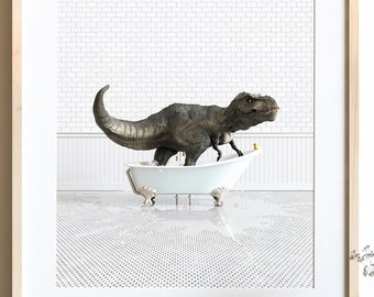 Dinosaur Print, Tyrannosaurus Rex - T-Rex, Animals in Bathtubs, Bathroom Wall Art by The Crown Prints, Dinosaur artwork, Kids Bathroom Decor