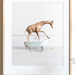 Giraffe print, Animals in Bathtubs, Bathroom Wall Art by The Crown Prints, Animals in Bathroom Prints, Kids bathroom decor, Animal Art