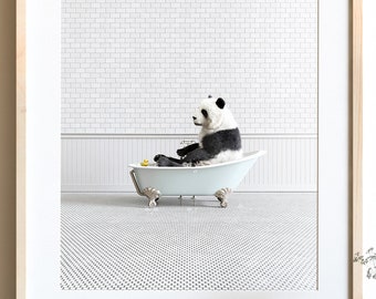 Panda print, Animals in Bathtubs, Bathroom Wall Art by The Crown Prints, Animals in Bathroom Prints, Kids Bathroom Decor, Animal Art