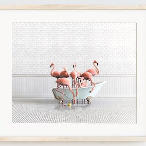 Flamingo print horizontal, Animals in Bathtubs, Bathroom Wall Art by The Crown Prints, Animals in Bathroom Prints, Kids bathroom, Animal Art