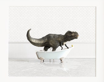 Dinosaur Print horizontal, Tyrannosaurus Rex - T-Rex, Animals in Bathtubs, Bathroom Wall Art The Crown Prints, Dinosaur art, Kids Bathroom