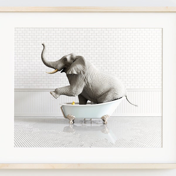 Elephant print horizontal, Animals in Bathtubs, Bathroom Wall Art by The Crown Prints, Animals in Bathroom Prints, Kids bathroom, Animal Art