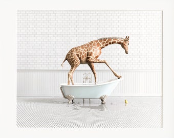 Giraffe horizontal print, Animals in Bathtubs, Bathroom Wall Art by The Crown Prints, Animals in Bathroom Prints, Kids bathroom, Animal Art
