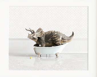 Dinosaur Print horizontal, Triceratops, Animals in Bathtubs, Bathroom Wall Art by The Crown Prints, Dinosaur artwork, Kids Bathroom Decor