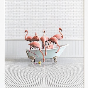 Flamingo print vertical, Animals in Bathtubs, Bathroom Wall Art by The Crown Prints, Animals in Bathroom Prints, Kids bathroom, Animal Art