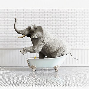 Elephant in a bathtub - Horizontal PRINTABLE art, Personal Use Only, Bathroom artwork, Animal prints by The Crown Prints, Unique wall art