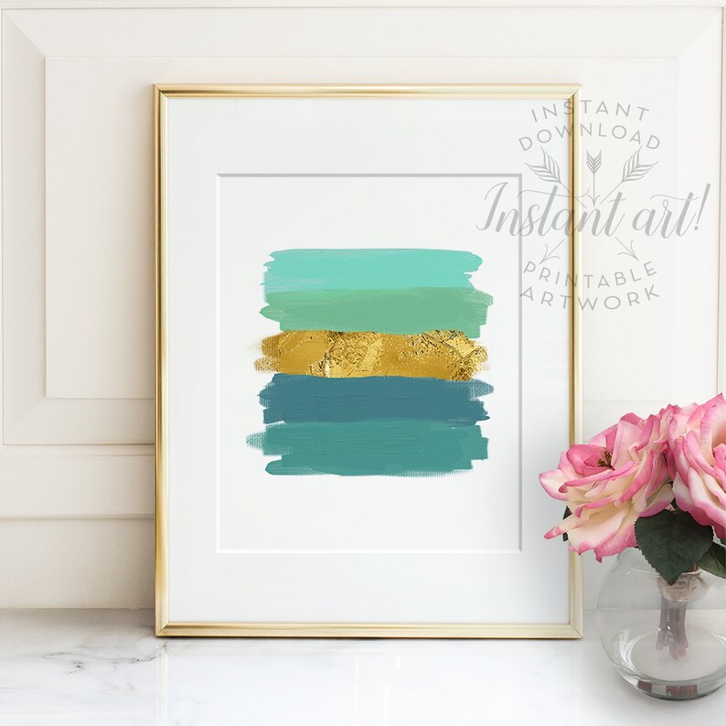 Abstract Art Teal Wall Art PRINTABLE Art Teal and Gold Etsy