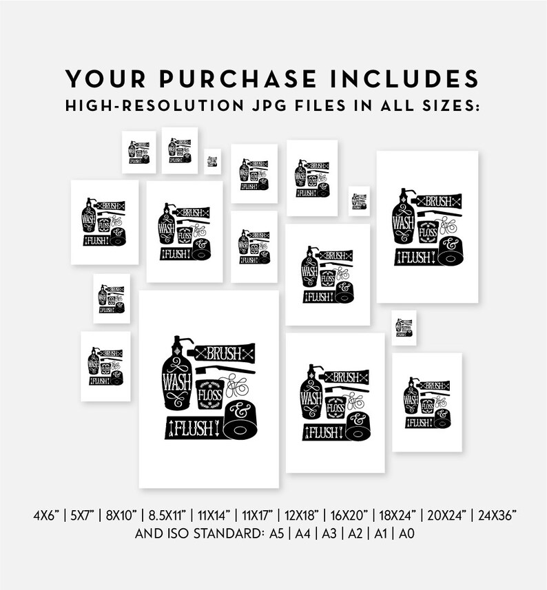 Wash Brush Floss Flush Bathroom Prints PRINTABLE Art Etsy Canada