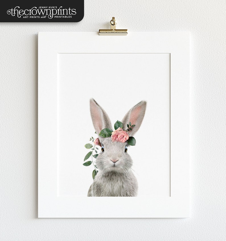 Girls room decor, Bunny rabbit print, Rabbit flower crown, PRINTABLE WALL ART, The Crown Prints, Baby animals, Girls nursery art, Bunny art image 2