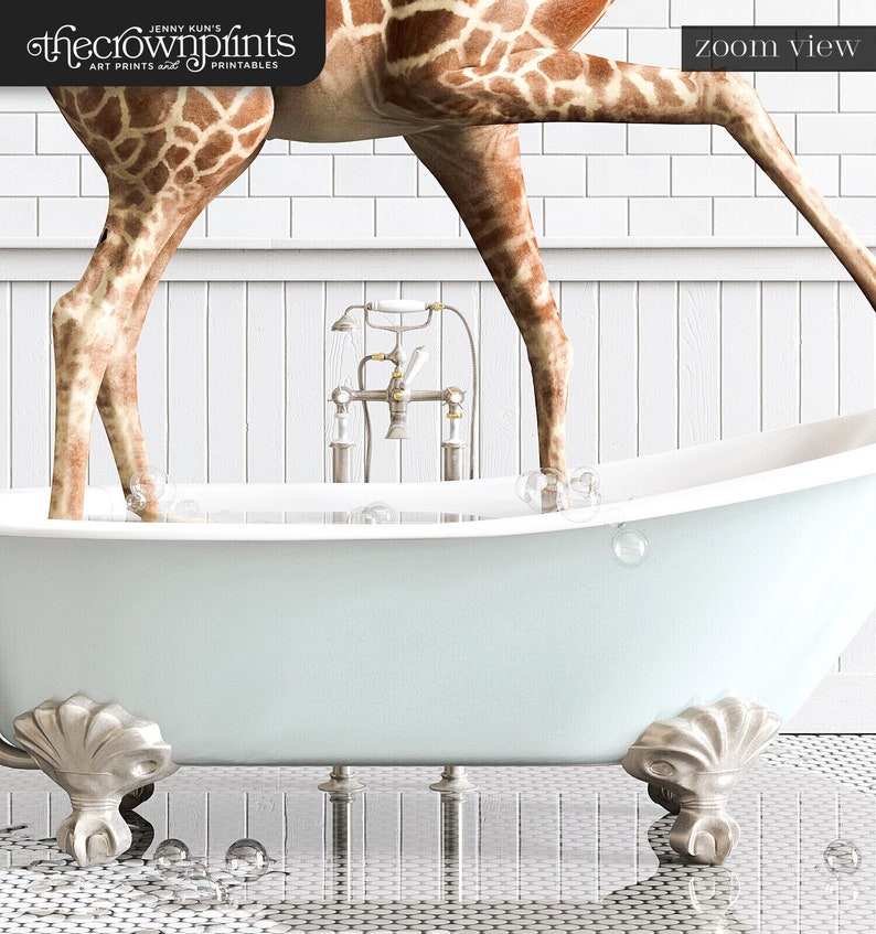 Giraffe Print Animals in Bathtubs Bathroom Wall Art by the Etsy
