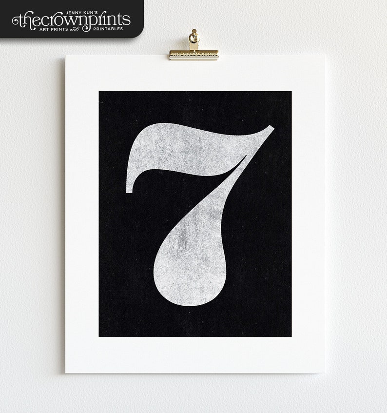 Number Seven 7 PRINTABLE art, Black and white wall art, Modern decor, Scandinavian style, Typography prints, The Crown Prints by Jenny Kun image 1
