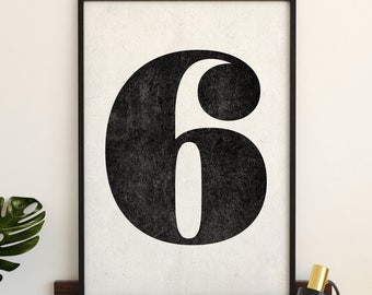 Number 6 sign, Number prints, PRINTABLE art, Black and white art, Scandinavian decor, Minimalist decor, Modern art, Large wall art, Poster