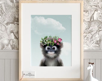 Monkey with flower crown, PRINTABLE nursery, Girls room decor, Jungle animal prints, Zoo animal nursery, Animal prints, Baby girl nursery