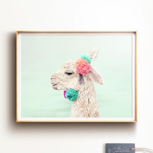 Llama print, PRINTABLE ART, Horizontal wall art, Large wall art, Pastel prints, Girls room decor, Nursery art, Alpaca print, Animal photo