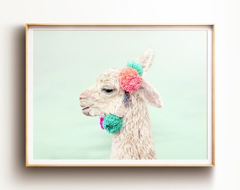 Llama print, PRINTABLE ART, Horizontal wall art, Large wall art, Pastel prints, Girls room decor, Nursery art, Alpaca print, Animal photo