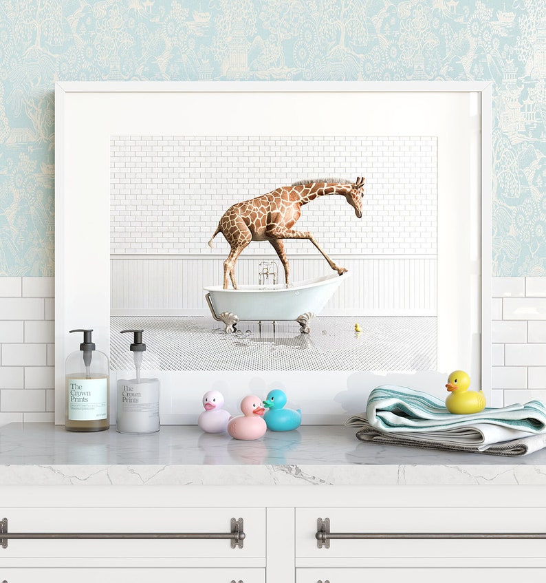 Giraffe Print Animals in Bathtubs Bathroom Wall Art by the Etsy