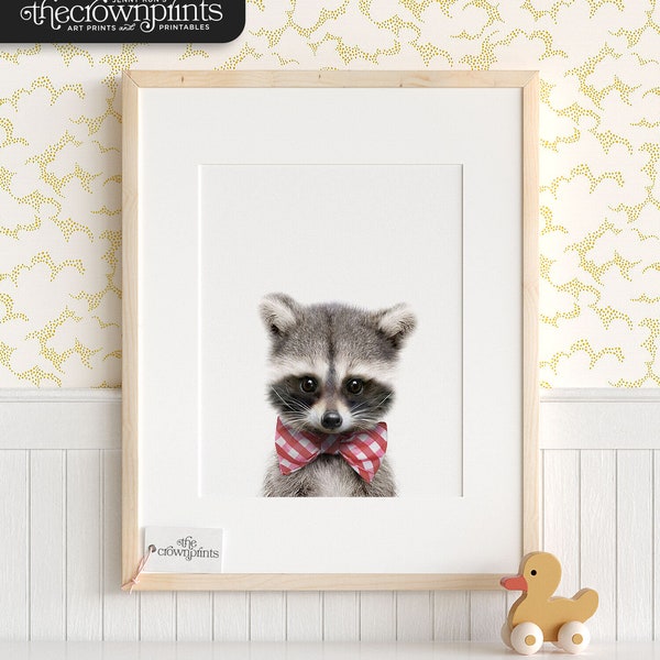 Baby raccoon print - Nursery animal PRINTABLE art by The Crown Prints, Woodland Animals with bow ties, Baby room decor for boys
