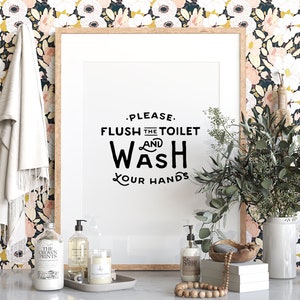 Flush sign, Bathroom wall art, PRINTABLE art, Flush toilet sign, Wash your hands sign, Kids bathroom decor, Bathroom prints, Bathroom art