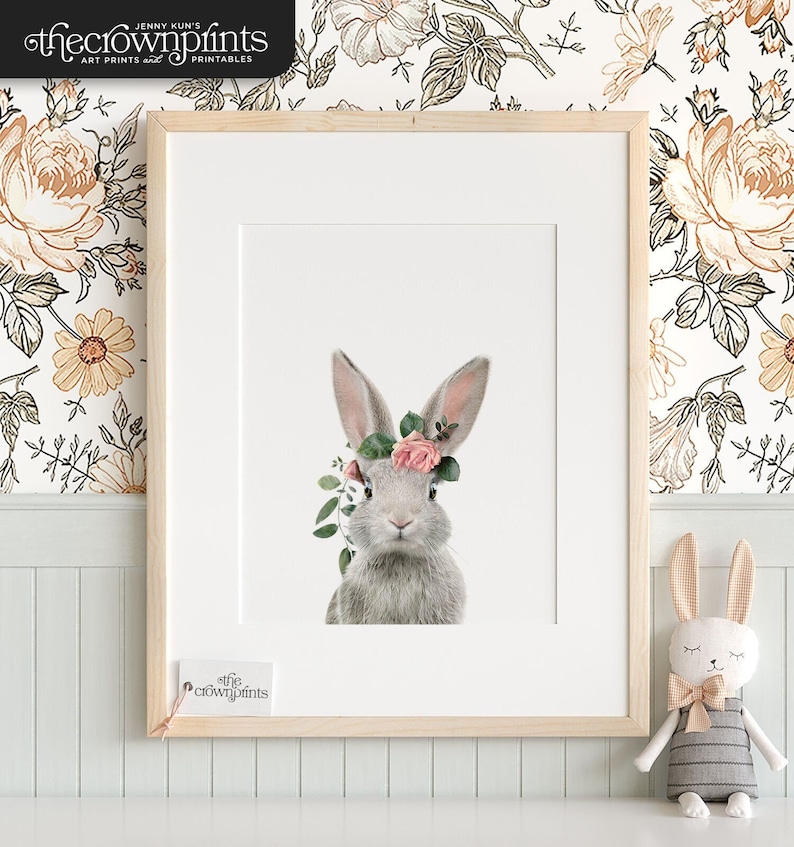 Girls room decor, Bunny rabbit print, Rabbit flower crown, PRINTABLE WALL ART, The Crown Prints, Baby animals, Girls nursery art, Bunny art image 1