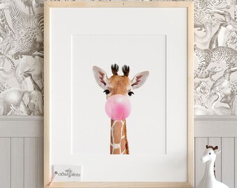 Giraffe with bubblegum, PRINTABLE ART, Baby animal prints, Cute nursery decor, Safari animal art, Animals with bubbles, Unique baby TCP40_