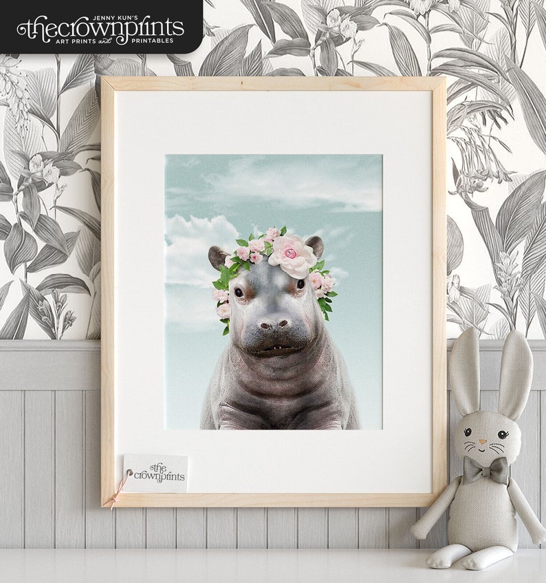 Hippo flower crown poster, PRINTABLE ART, Baby animal prints, Nursery wall art, Nursery prints, Safari animals, Girls nursery decor, TCP44_ image 1