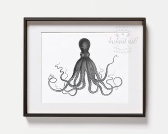Black & white vintage octopus print PRINTABLE art, SELECT your OWN colors,nautical print,nautical wall art,octopus poster,antique octopus