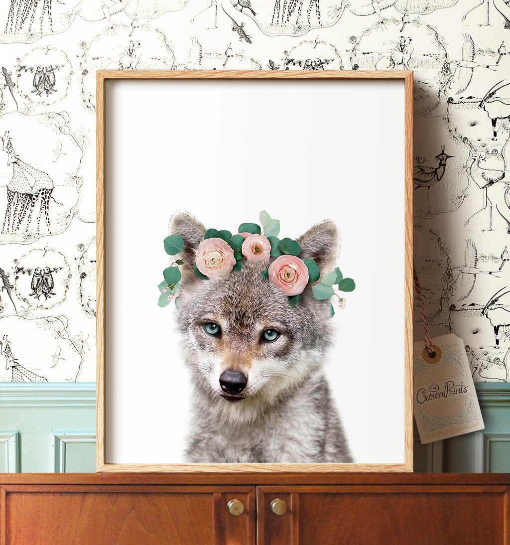 Animals with flower crowns Wolf print PRINTABLE art Flower | Etsy