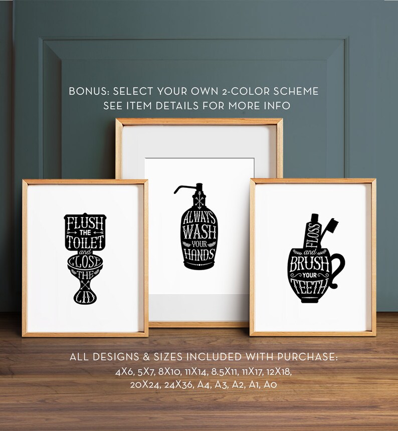 Lavatory wall decor, PRINTABLE Artwork, Gallery prints preset of 3, Flush rest room indication, Clean fingers indicator, Brush enamel indicator, Rest room artwork, Bathtub decor photograph regarding Printable Bathroom Art titled Toilet wall decor, PRINTABLE Artwork, Gallery prints fastened of 3, Flush rest room indicator, Clean fingers indicator, Brush enamel indication, Rest room artwork, Bathtub decor
