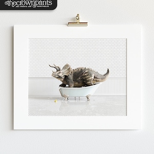 Dinosaur decor, Triceratops in bathtub PRINTABLE art, animals in bathtubs by The Crown Prints, Kids bathroom decor