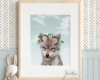 Animals with flower crowns, Wolf print, PRINTABLE art, Flower crown, Girls room art, Girls nursery, Baby animal prints, Nursery animal art