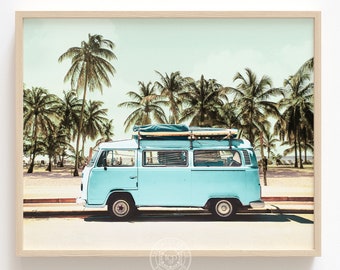 Vintage VW Bus with Palm Trees from The Crown Prints, Digital Download wall decor, Blue wall art - boho interior, California photography art