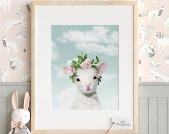 Girls nursery decor, Lamb print, PRINTABLE art, Flower crown, Girls room art, Animals with flowers, Baby animal prints, Nursery animal art