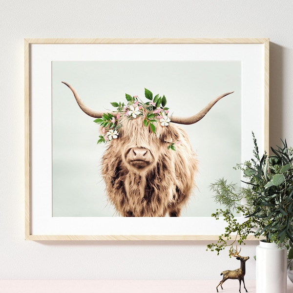 Highland cow with flower crown from The Crown Prints, PRINTABLE ART, Boho decor, Farmhouse wall art, Large animal print, Cow art flowers