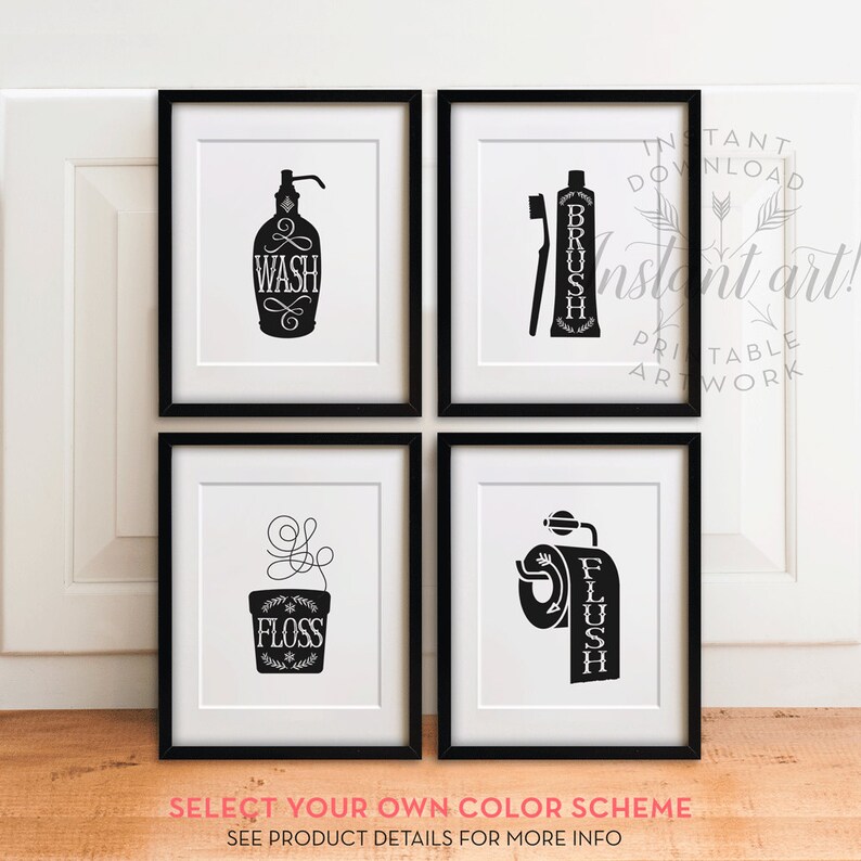 Bathroom Art Set PRINTABLES Wash Brush Floss Flush Bathroom Etsy Canada