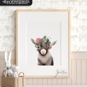 Cabra con corona de flores, DESCARGA DIGITAL, Decoración de vivero Boho, Arte de pared de habitación de niñas, Animales con coronas de flores, Vivero de animales bebé TCP43_